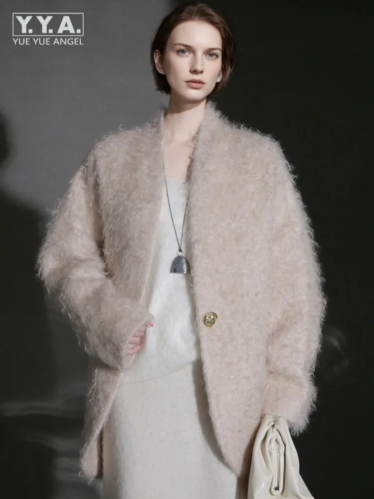 Elegant Fashion Women Solid Color Ripple Wool Coat V Neck Single Breasted Outerwear Winter Overcoat Female Loose Fit Warm Jacket