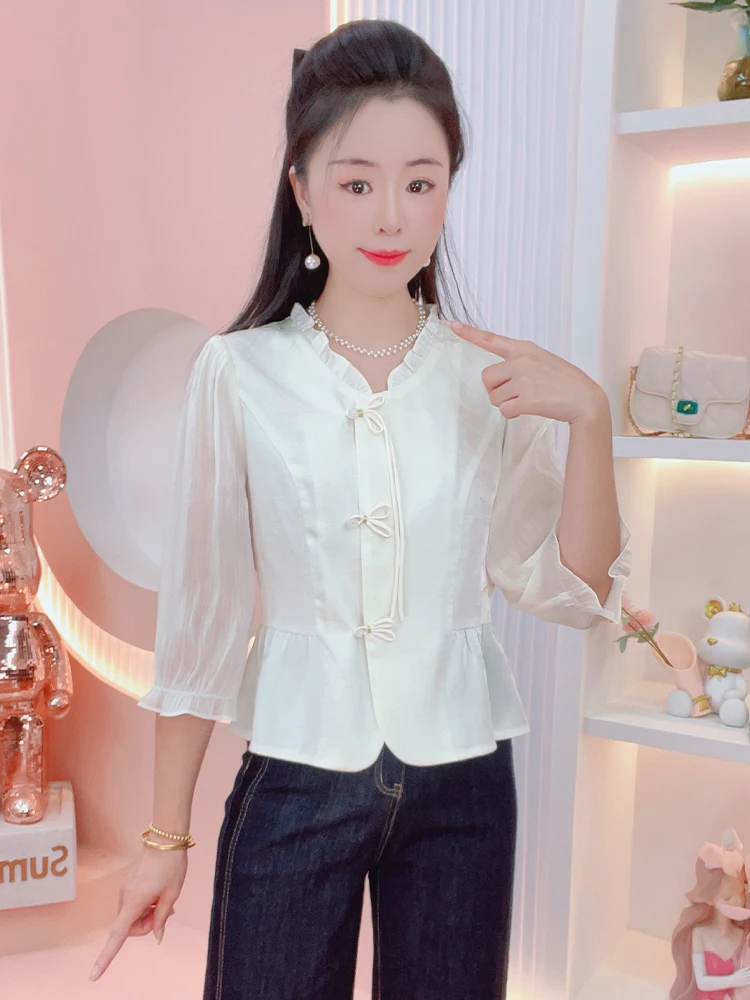 เสื้อสตรีแฟชั่นสุดฮิตสำหรับต้นฤดูใบไม้ร่วง ดีไซน์ทันสมัย ทรงเข้ารูป สวมใส่สบาย ทรงหลวม แขนเจ็ดส่วน คอวี ระบายอากาศได้ดี...