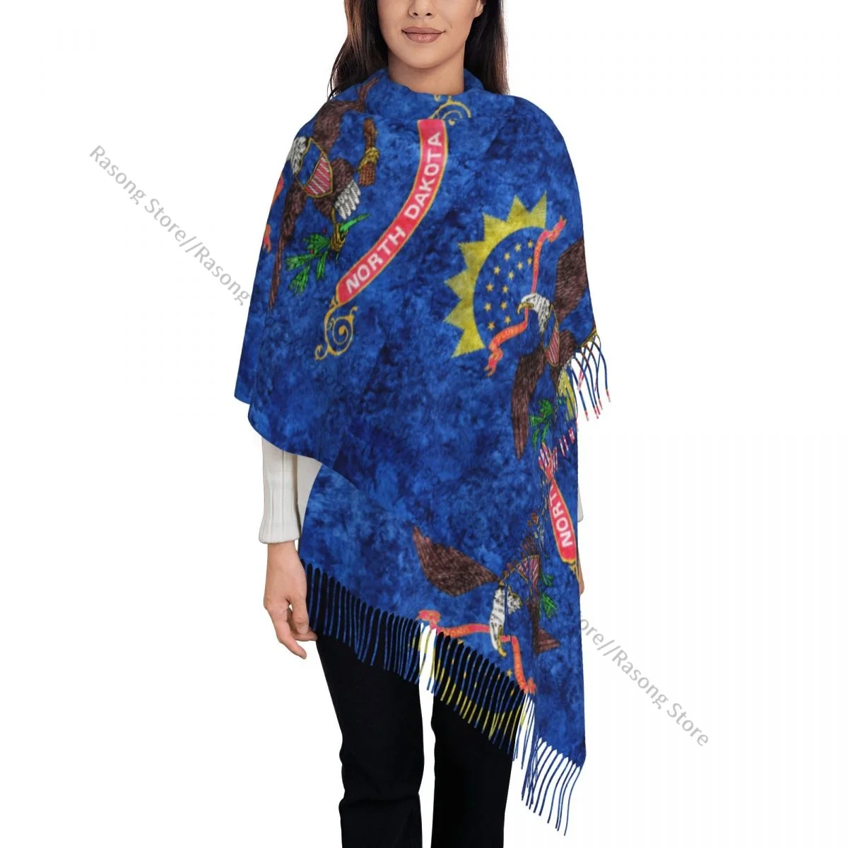 Winter Tassel Scarf North Dakota State Flag Texture Women Cashmere Scarves Neck Head Warm Pashmina Lady Shawl Wrap Bandana