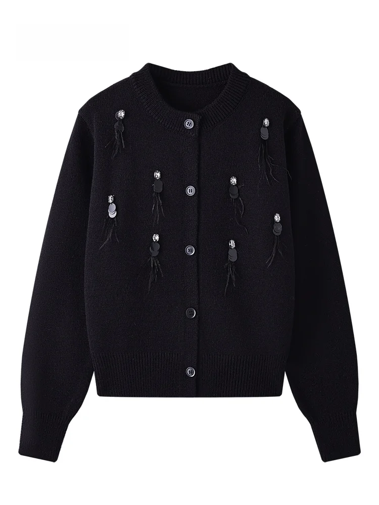 

JZZDEMM Women's Knitted Feather Sequin Sweater Jaet High-Quali Knitwear Cardigan Long Sve Button-Up Vintage Sle