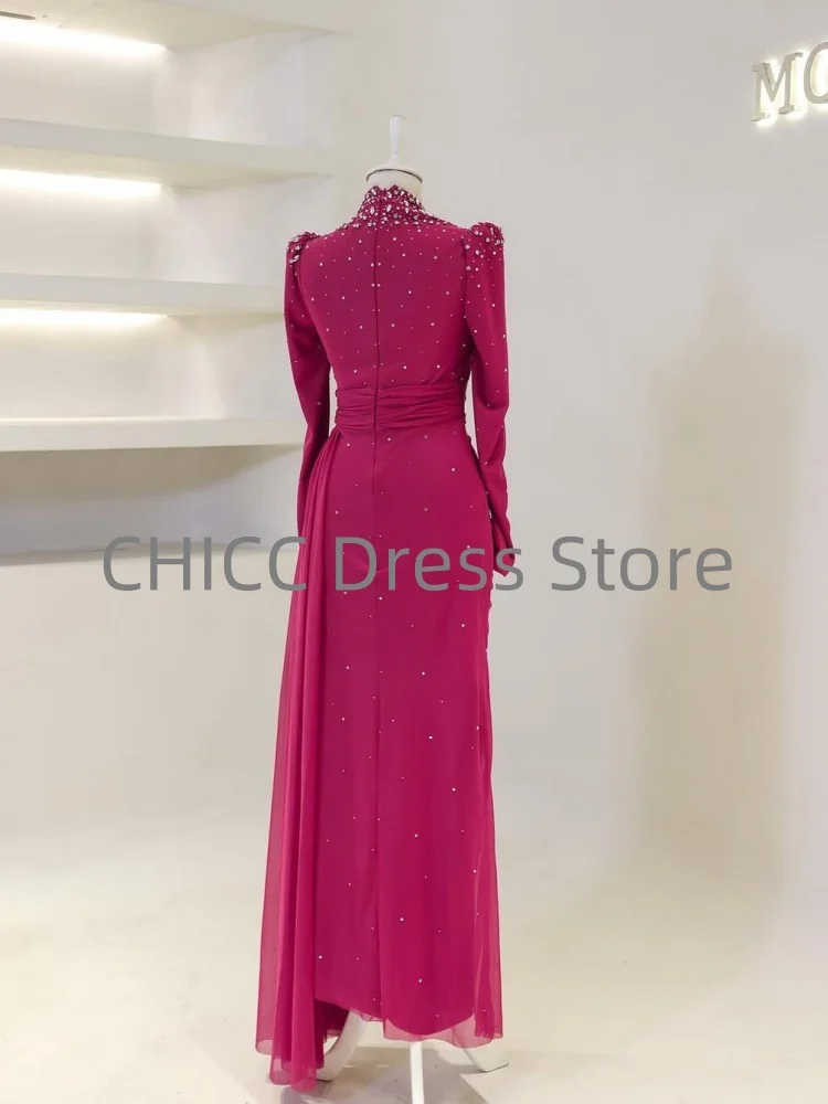 Muslimische Abendkleider aus Tüll, Stehkragen, lange Ärmel, Perlenstickerei, bescheidene formelle Damen-Abschlussballkleider, Hochzeitsgast-Outfits, individuell gestaltet