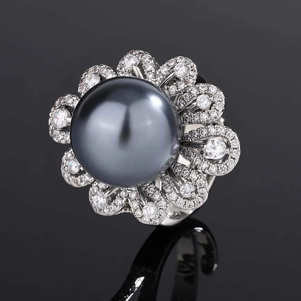 2023 New 14MM White Black Big Pearl Adjustable Flower Rings for Women Lab Diamond Cocktail Party Fine Jewelry Accessories Gifts