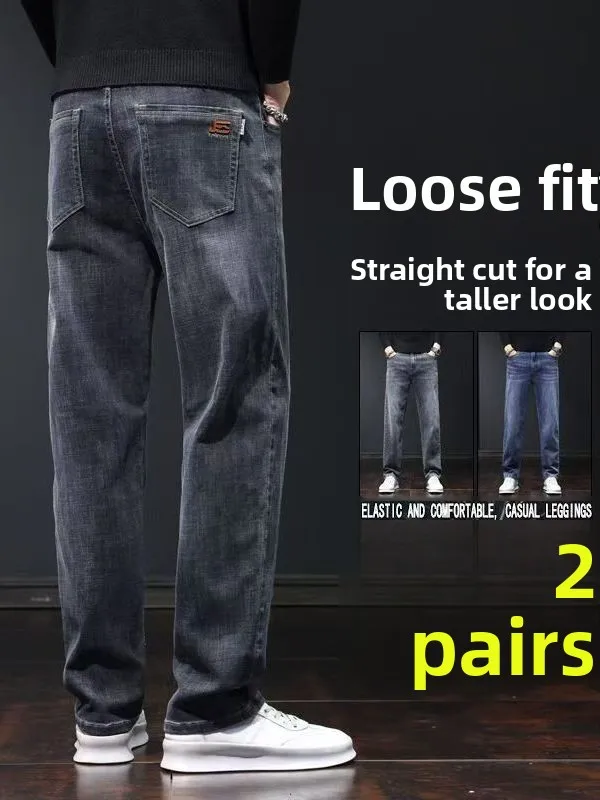 

Men's Casual Elastic Denim Jeans Wear Resistant Straight Leg Loose Fit Large Size Work Pants Comfortable Cotton Stretch Fabric