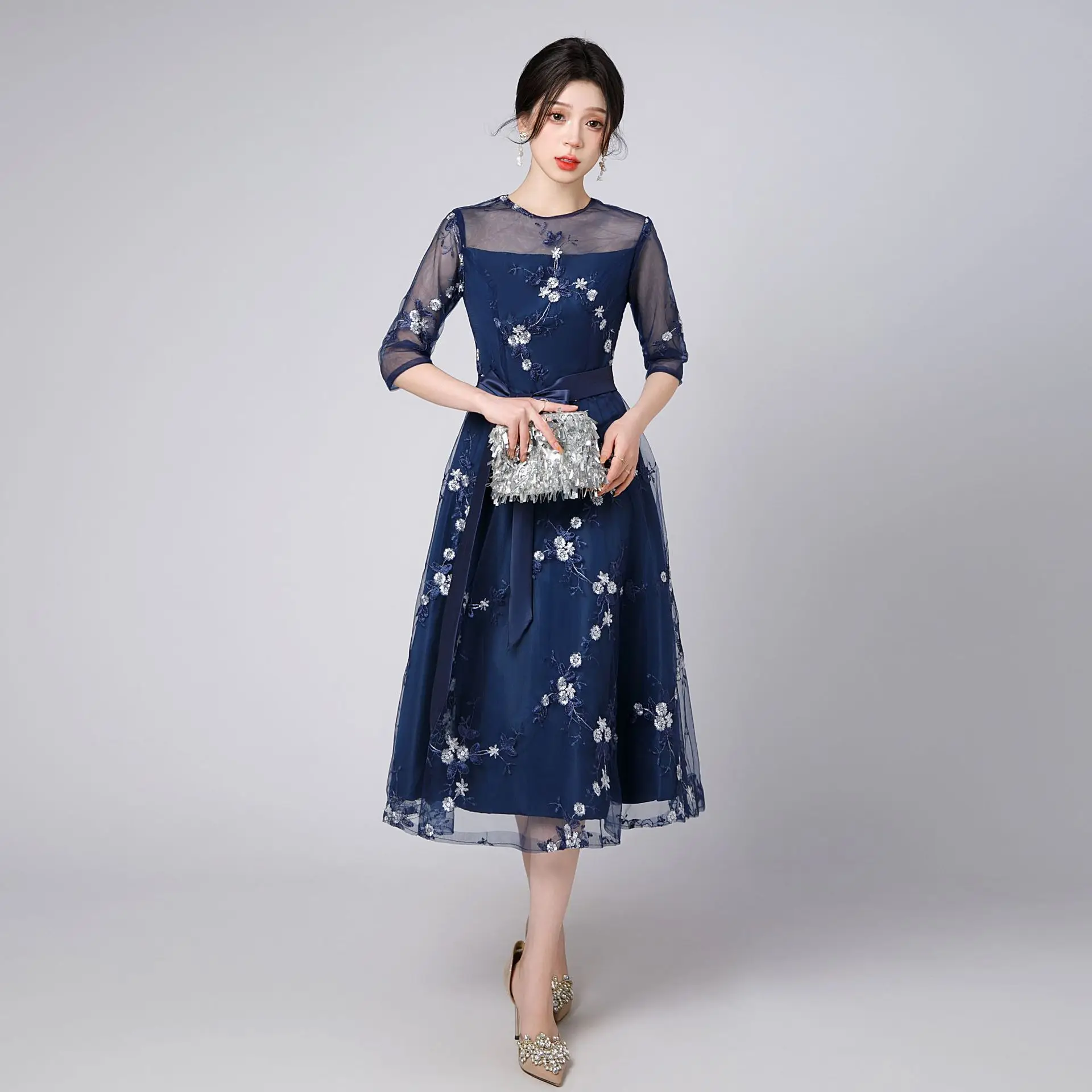 레이스 이브닝 가운 여성용 플로럴 프린트 라운드 넥 이브닝 드레스 프롬 파티 롱 드레스 포멀 드레스 우아한 파티 드레스