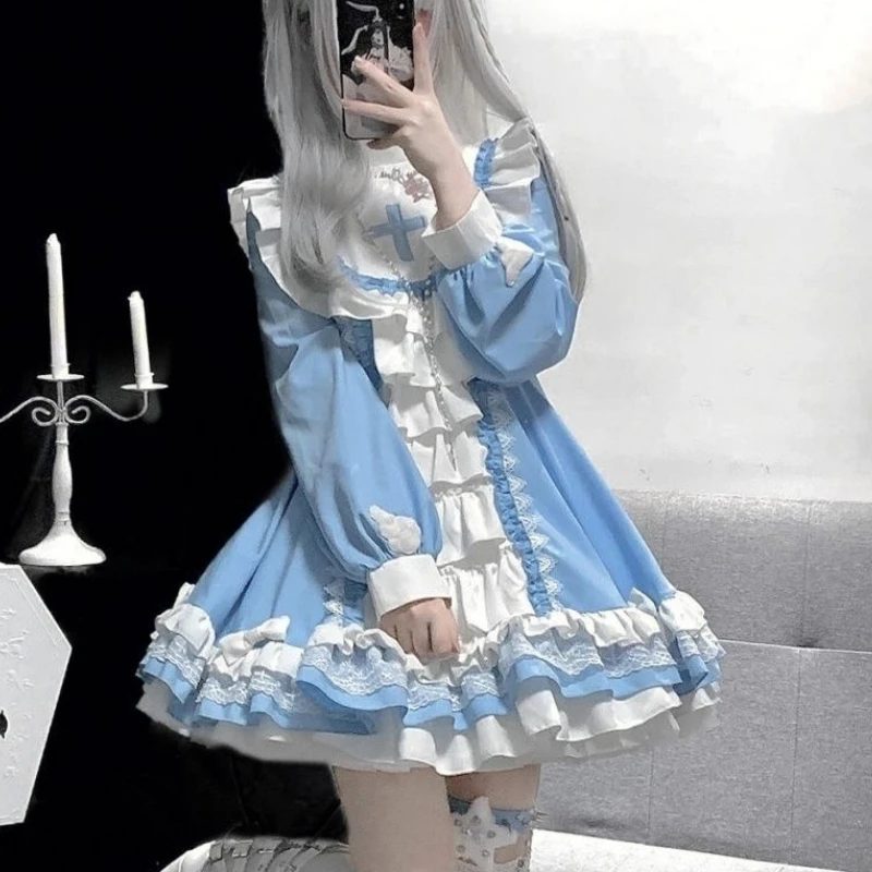 Robe Gothique Lolita OP de Style Harajuku pour Femme, Tenue de Princesse à Volants avec Nministériels d Kwaii, en Patchwork Bleu et Blanc, Mini Tenue de Tea Party Japonaise