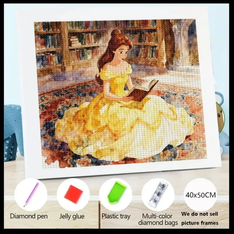 

1 шт. 5D DIY комплект алмазной живописи, принцесса Белль читает в библиотеке, полная дрель, искусство со стразами, мультяшный сказочный драгоценный камень, боль