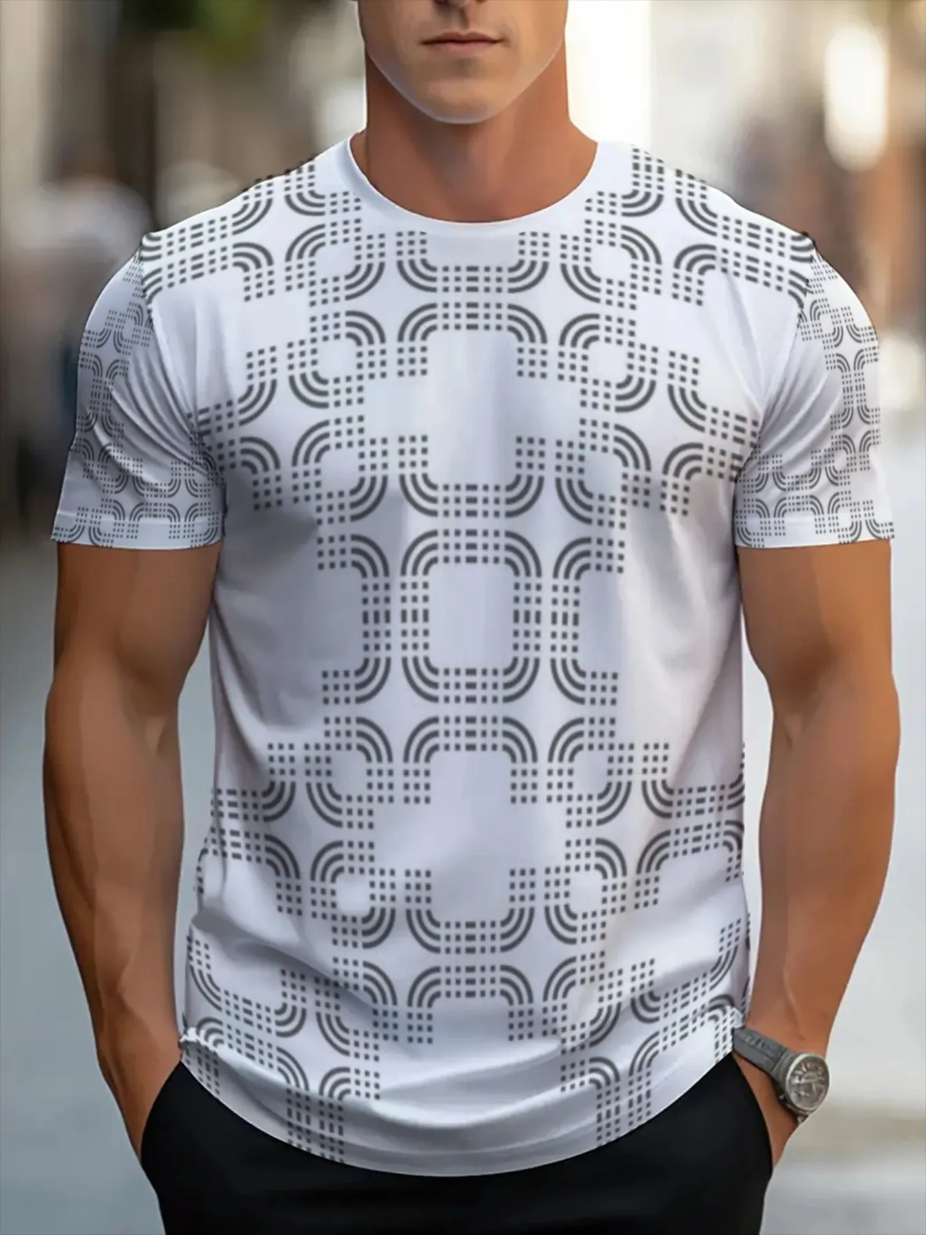 Men White Gray Dotted Arc Geometric Print Crew Neck Short Sleeve Tee