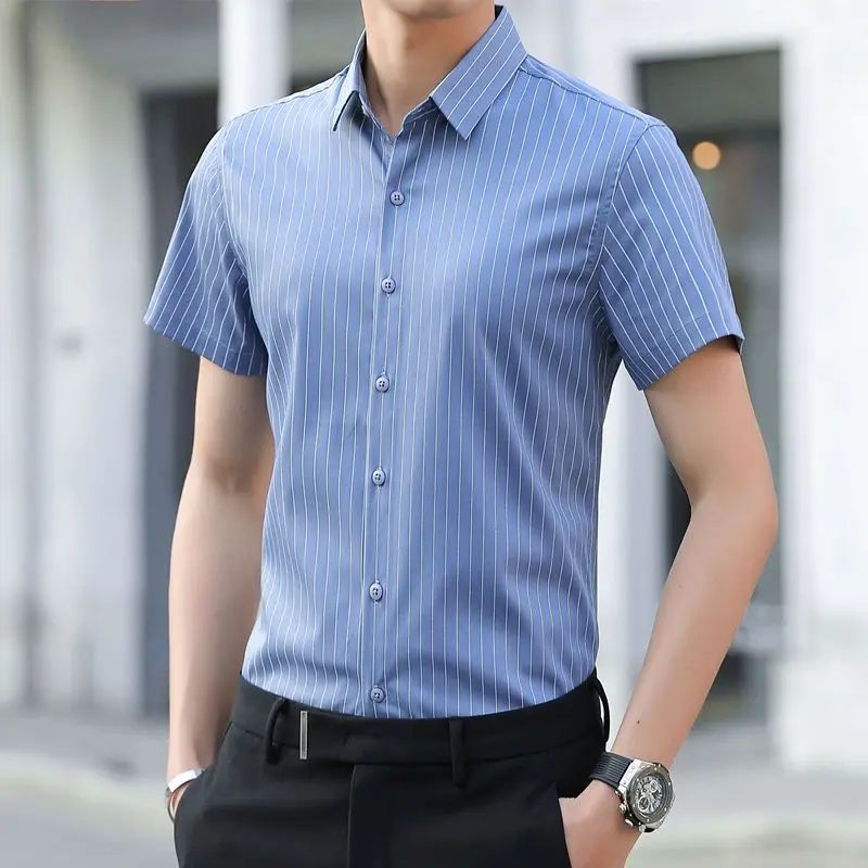 Fashion Lapel Button Short Sleeve Striped Business Shirts Men's Clothing 2024 Summer New Loose All-match Tops Casual Shirts