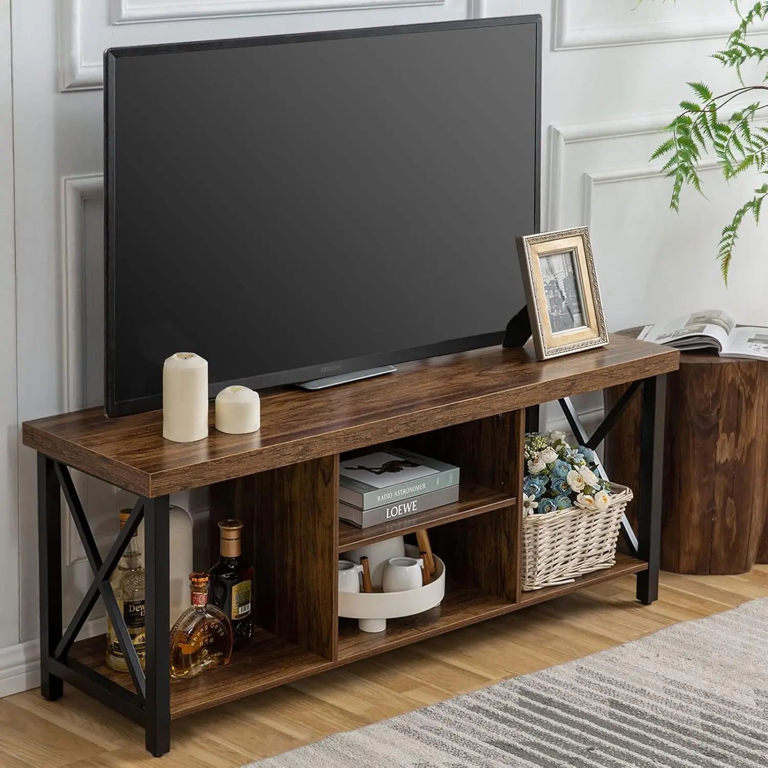 TV Stand for TV up to 55 Inches, Cabinet with Open Storage, Console Unit with Shelving for Living Room