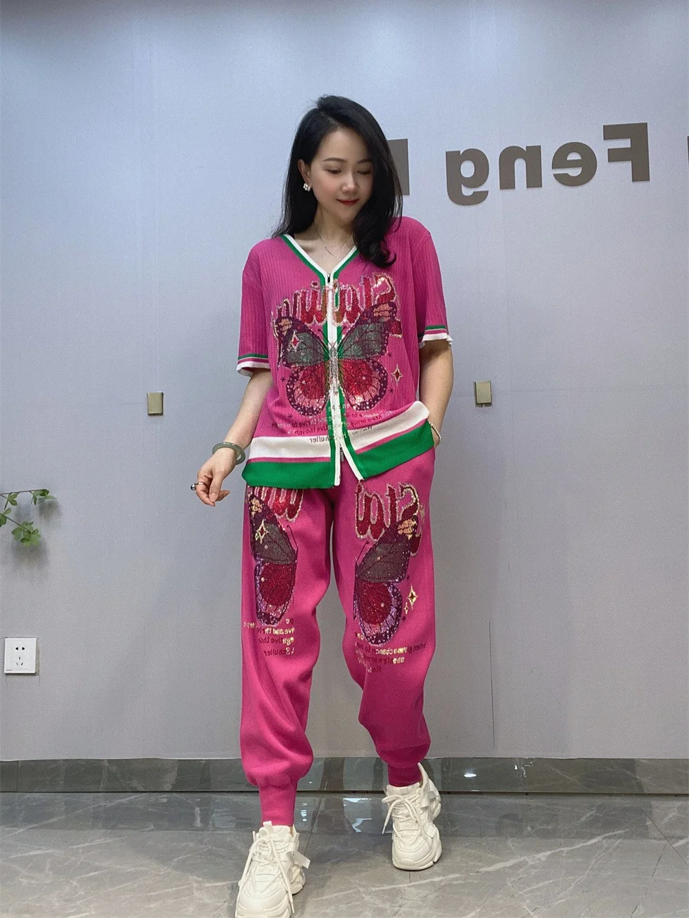 

Летний модный женский вязаный комплект из двух предметов с V-образным вырезом и ромбовидным узором, с коротким рукавом, на молнии, повседневная одежда, удобный, дышащий, нейлоновый