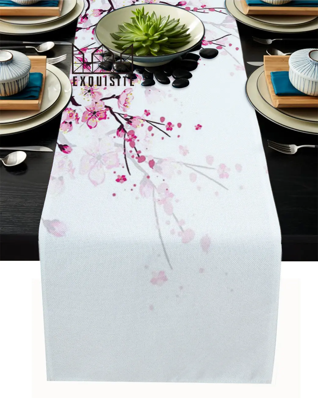 Cherry Blossom Plum Branch Pink Flower White Table Runner Wedding Dining Table Cover Cloth Placemat Napkin Home Kitchen Decor