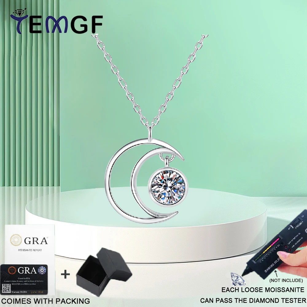 

TEMGF 5mm Moissanite Necklace for Women S925 Sterling Silver Moon Pendant Neck Chain Simple Fine Jewelry Gifts GRA Certification