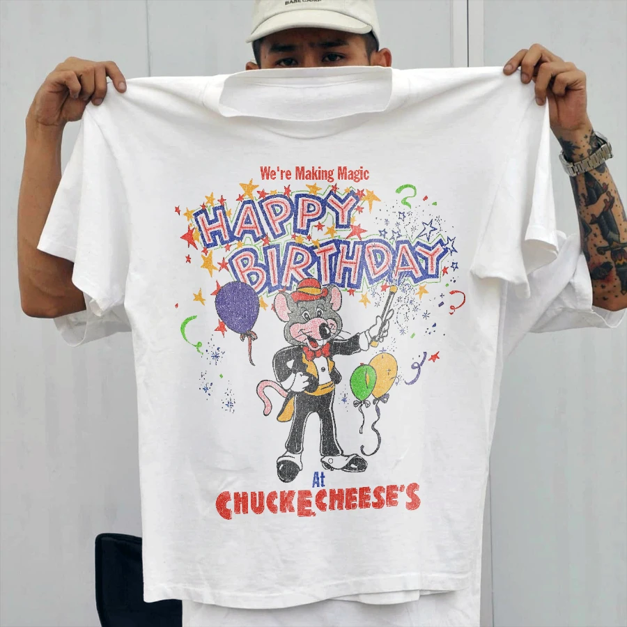 Chuck-E-Cheese Birthday Celebration Grail Rare Washed White T-Shirt Summer Cotton Print Casual Sports Short Sleeve  Streetwear