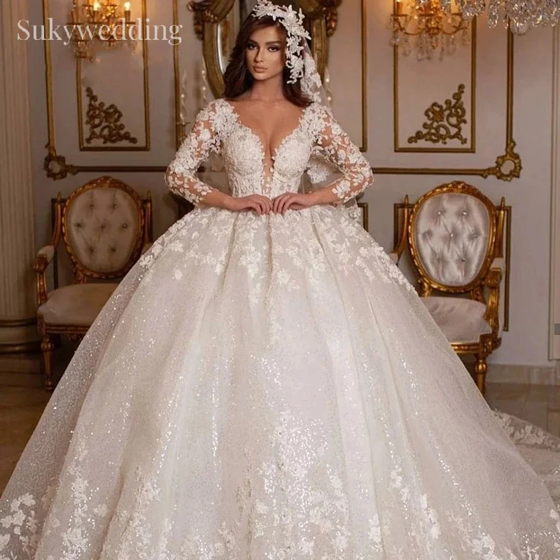 Abiti da sposa in pizzo principessa una linea maniche lunghe con scollo A V Appliques abiti da sposa arabi trasparenti abiti da sposa Vestidos De Novia