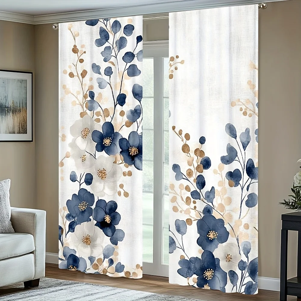 2-Pack Navy Blue and Gold Floral Print Curtains - Polyester Fabric, Machine Washable, Suitable for Bedroom, Kitchen, Living Room