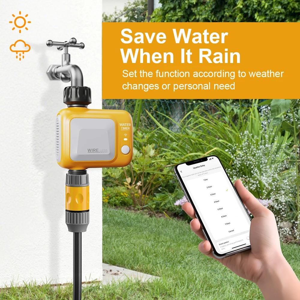 

Беспроводной таймер полива HCT-622 с подключением к Wi-Fi/Bluetooth через приложение Tuya, желтый, для летнего полива сада, орошения газонов и дворов