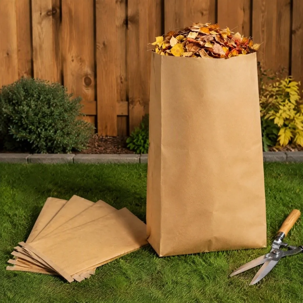 5pcs Durable Waterproof Kraft Paper Leaf Bags 30 Gallon Capacity Yard Waste Bags Garden Leaf Bags Courtyard Cleanup