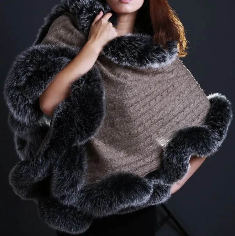 F144-Vintage women's autumn winter warm  scarf with genuine fur. black gray brown 5 coors cashmere cape fox fur