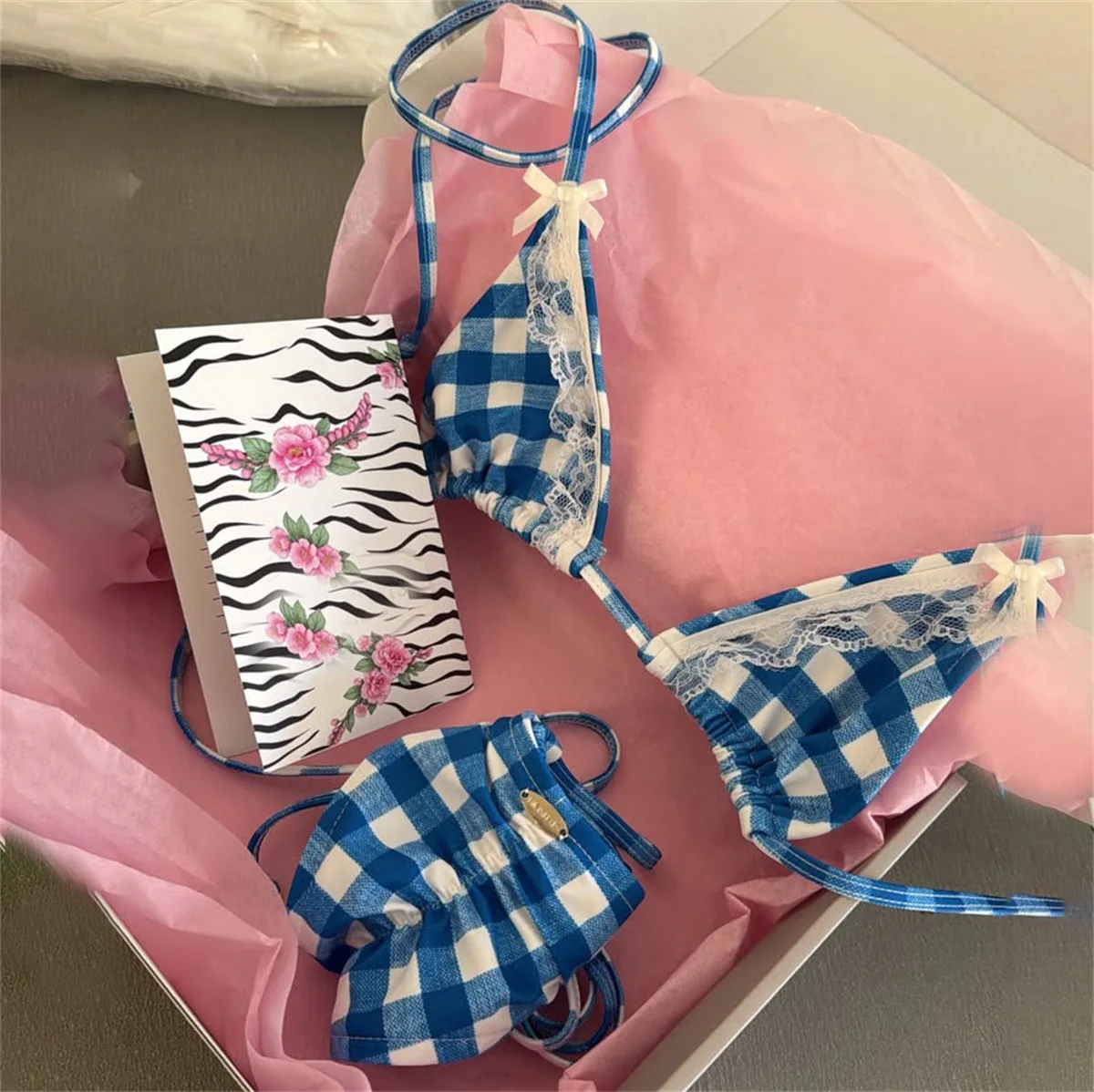 Plaid Lace Bikini 2026 Bandeau Biquini Women Sexy Swimsuit Patchwork Swimwear Female Low Waist Swim Suits Bathingsuit Beachwear