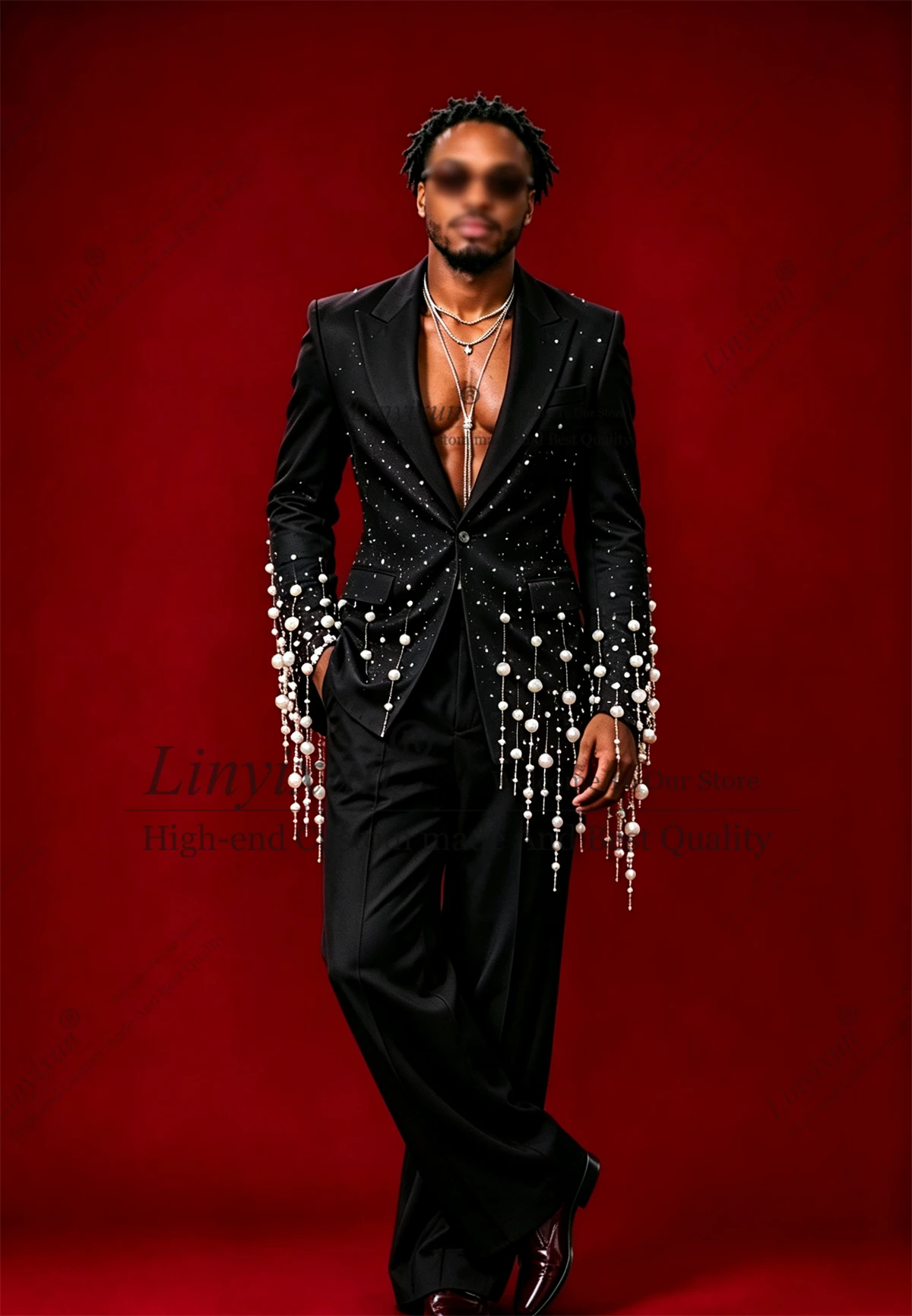 Fashion Tassel Pearl Design Beaded Stones Suits Men Single Breasted Prom Blazers Customized Man Groom Terno Masculinos Completo