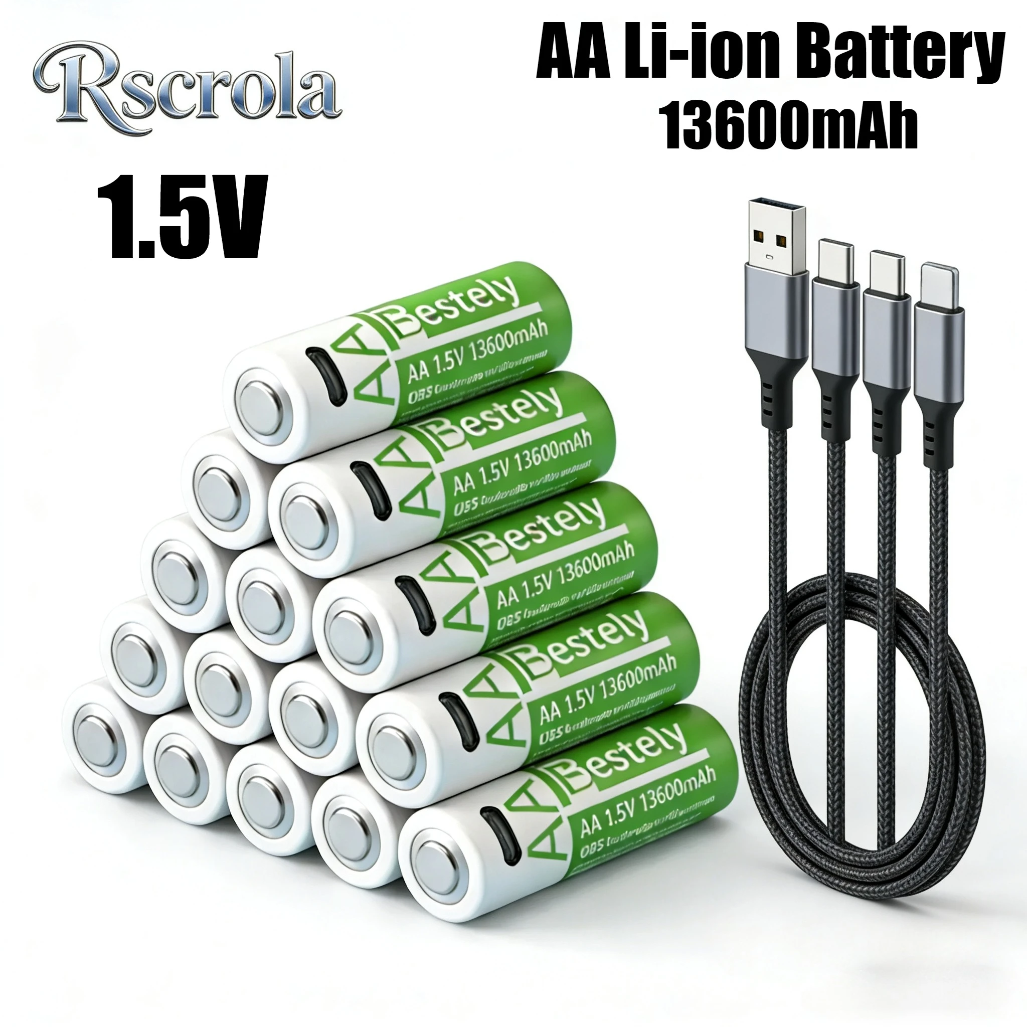

Long Lasting 13600mAh AA Batteries High Capacity Rechargeable Li-ion Batteries with USB Type-C Charging Cables for Remotes,Toys