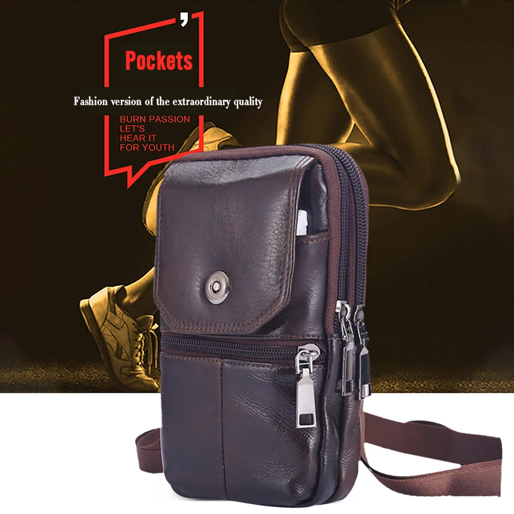 Tas Kulit Sapi Pria Kancing Magnetik Tas Selempang 7,5 inci Dompet Kantong Tahan Air dengan Kantong Kartu Terpasang untuk Perjalanan Belanja