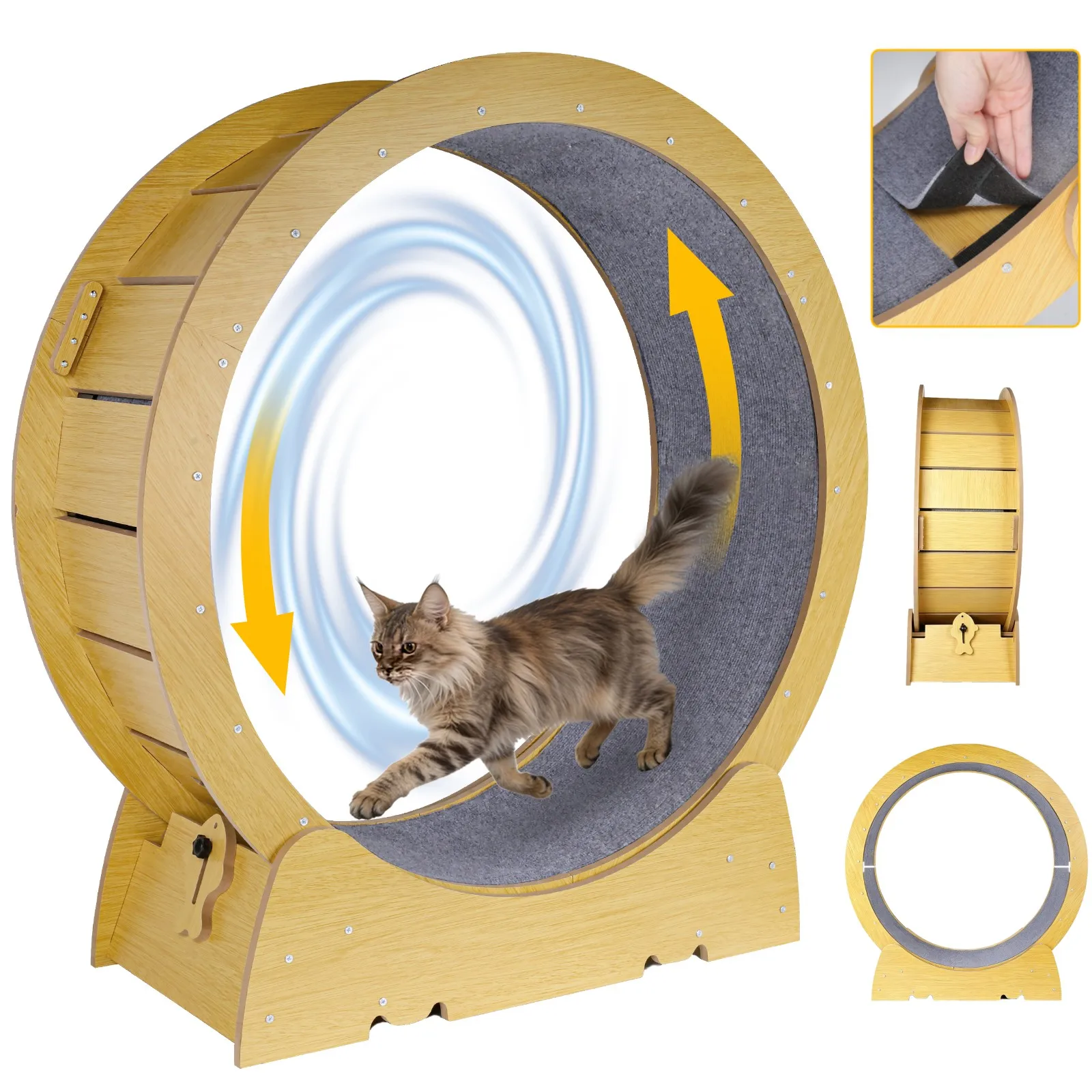 Hölzernes Katzen-Laufrad, geräuscharmes Katzen-Trainingsrad, Laufband mit abnehmbarem Teppich zur Gewichtsreduktion, fördert die Gesundheit von Katzen.