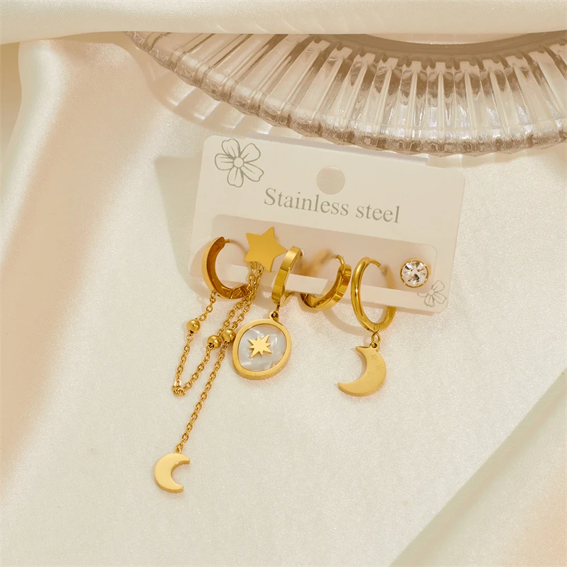 316L Stainless Steel New Fashion Fine Jewelry 6 Pieces/Set Natural Seashells Zircon Butterfly Stars Moon Stud Earrings For Women