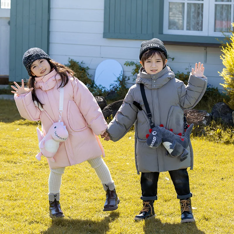 

Baby Girls Down Jacket 2025 Winter Cartoon Dinosaur Bag Thick Warm Children Girl Puffer Coat 1-8 Years Kids Girls Outerwear Coat