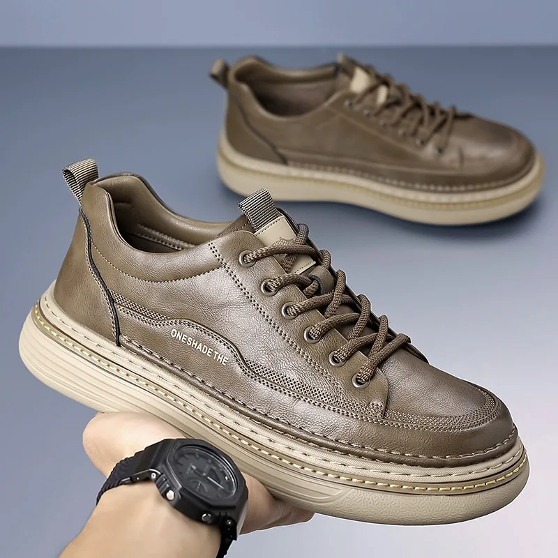 Spring Autumn New Casual Leather Sneakers For Men Solid Color Lace Designer Platform Shoes Male Outdoor Sports Board Shoes Man