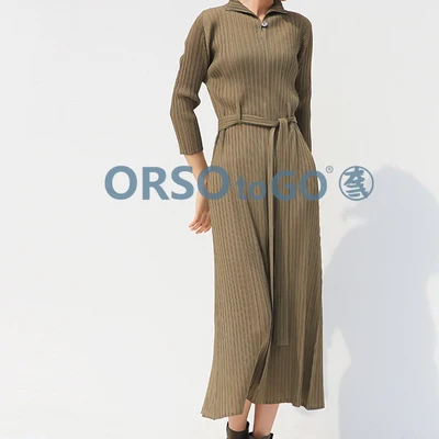 

HOT SELLING Miyake fold v-neck three quarter solid waistband long Hem slit Dress IN STOCK