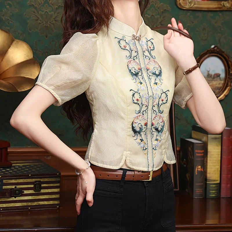 

New Summer Elegant Fashion Retro Loose Office Lady Women's Shirt Chinese Style Casual Turtleneck Short Sleeve Print Tops Q83