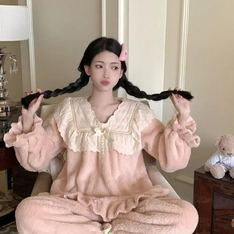 

Women's Clothing Autumn and Winter Pajamas Home Set Long Sleeves Pants Cute Comfortable Keep Warm Sweet Two-Piece Set Thicken