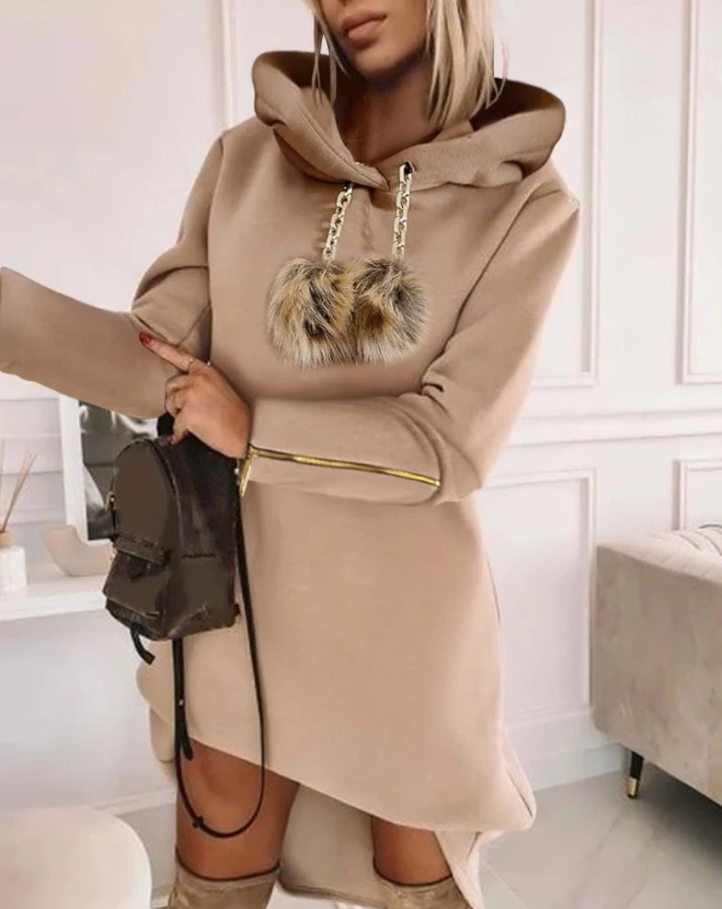 Women\'s Urban Style Solid Color Dress Pom Pom Hooded Sweatshirt Dress 2024 Spring Latest Chain Zipper Long Sleeve Daily Dress