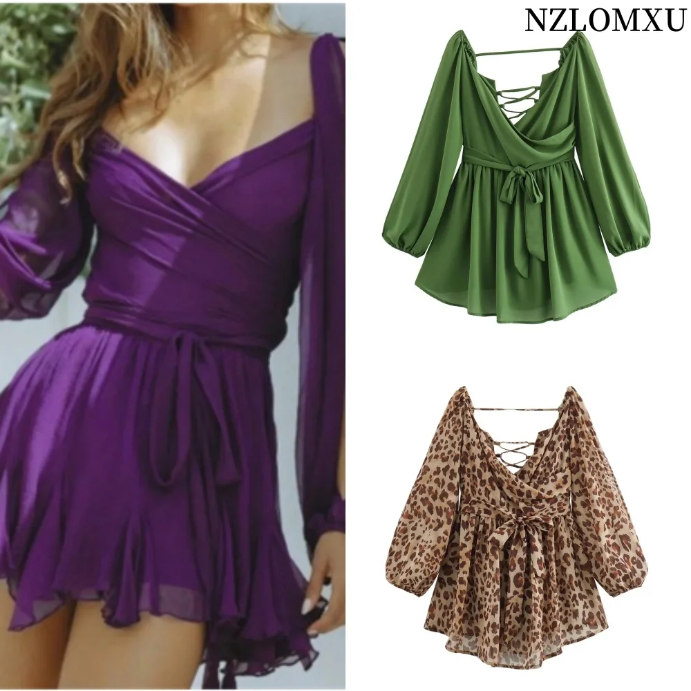 

Tied Backless Green Mini Dress Off Shoulder Bodycon Leopard Short Dresses Summer Vacation Cut Out Purple Black Beach Dress