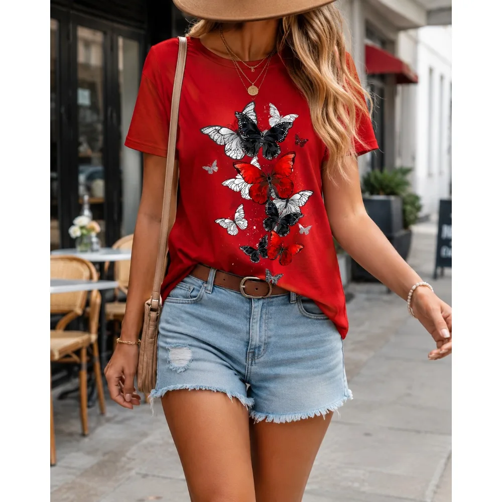 Butterfly Print T-Shirt Black Red Butterfly Pattern Short Sleeve Round Neck Blouse  Loose Fit Casual Top with Butterfly Design