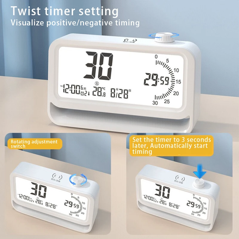 Luminous Large Screen Digital Visual Timer Alarm Clock, Students Night Light Clocks, Temperature Date Display, Snooze Mode