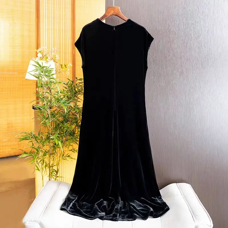 High-End-Sommer-Neues O-Ausschnitt-Perlen-Design mit Seide + Samtstoff, kurzärmelig, modisches, elegantes schwarzes Damenkleid S-XXL