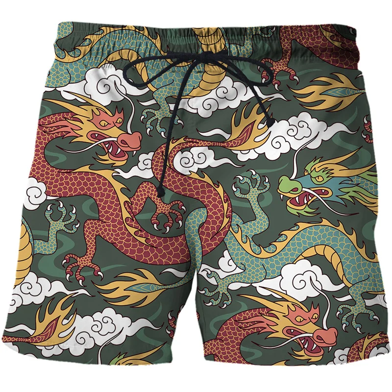 Calções de praia gráfico Dragon Totem masculino, impressão Y2K 3D, calções de prancheta surf, maiô havaiano, calça de gelo legal, verão