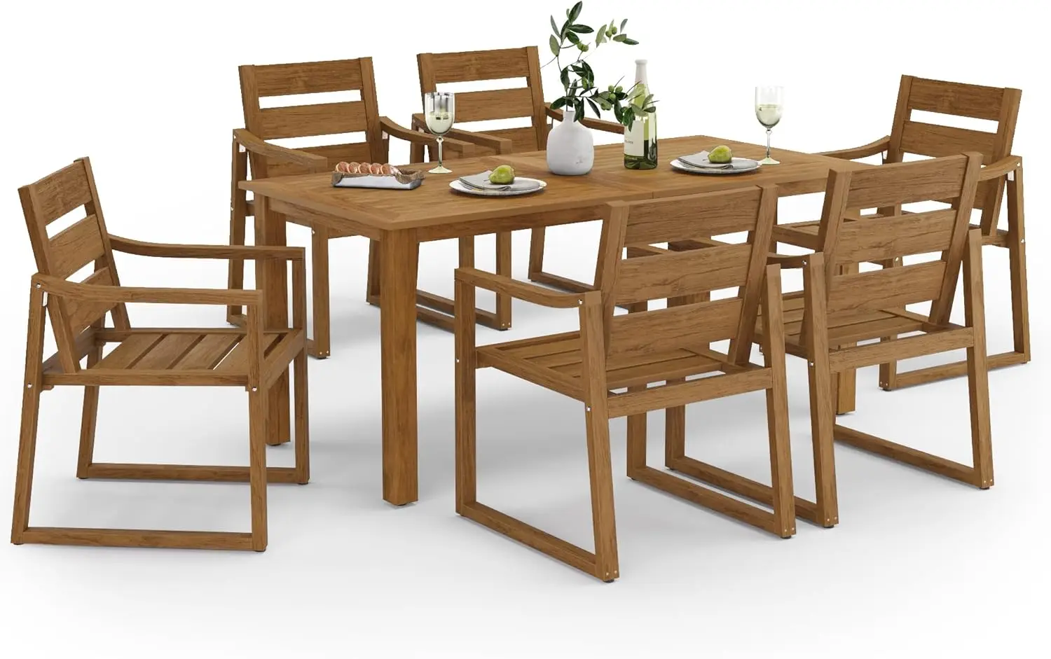 

Patio Furniture Dining Set 7-Piece HDPS Teak Color-Oil Printed All Weather Outdoor Table and Chairs Modern Design