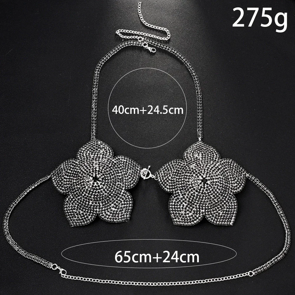 Nightclub Black Flower Bra Chain Top Bikinis Chest Accessories Festival Corset Sexy Rhinestone Body Jewelry Lingerie for Women