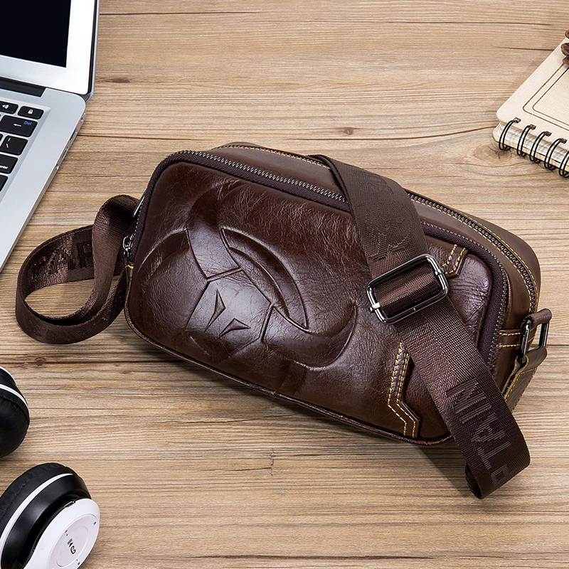 BULLCAPTAIN Cowhide Leather Sling Bag For Man Vintage Crossbody Shoulder Bag, Durable Casual Chest Bag Top Layer Cow Leather
