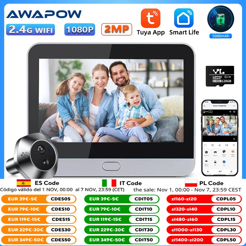 

Awapow 4.3inch Tuya Smart Doorbell Camera 2-Way Audio WiFi Video Peephole Door Viewer Night Vision PIR Motion Detection