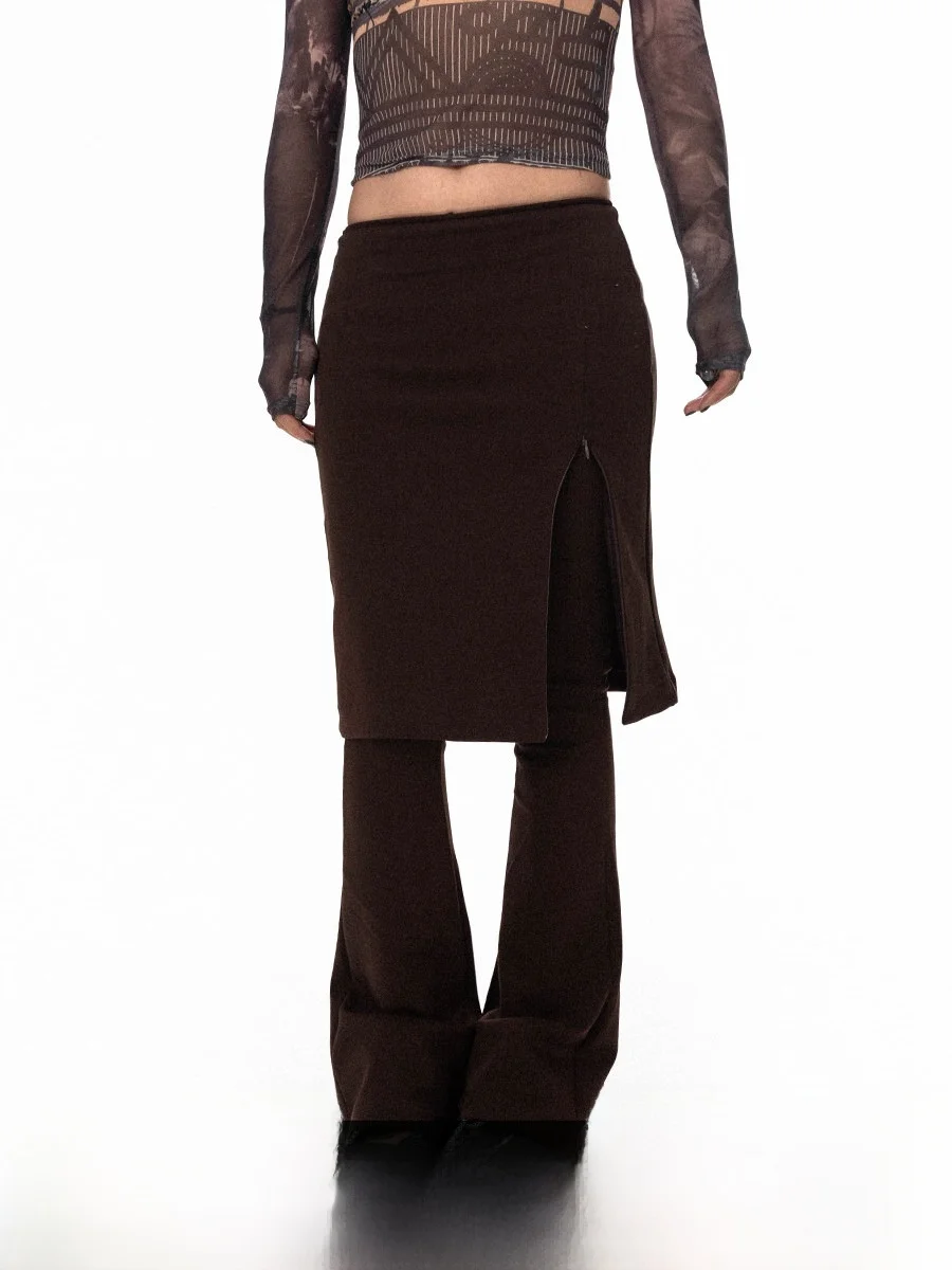 Street Style Knitted Slim Fit Bell Bottom Pants Women's Elastic Long Trousers Fake Two-Piece Asymmetric Casual Pants