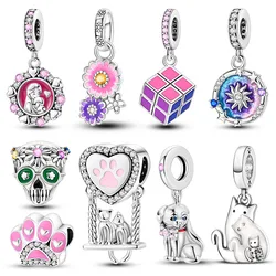 Silver Plated Cat Paw Rubik's Cube Flower Charms Pendants Fit Original Bracelet Diy Fashion Jewelry