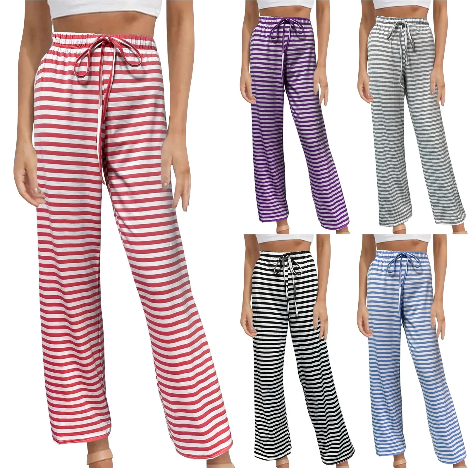 Women'S Casual Pants Home Comfortable Stretch Wide Leg Drawstring Pants Classic Stripe Loose All-Match Regular Commute Pants