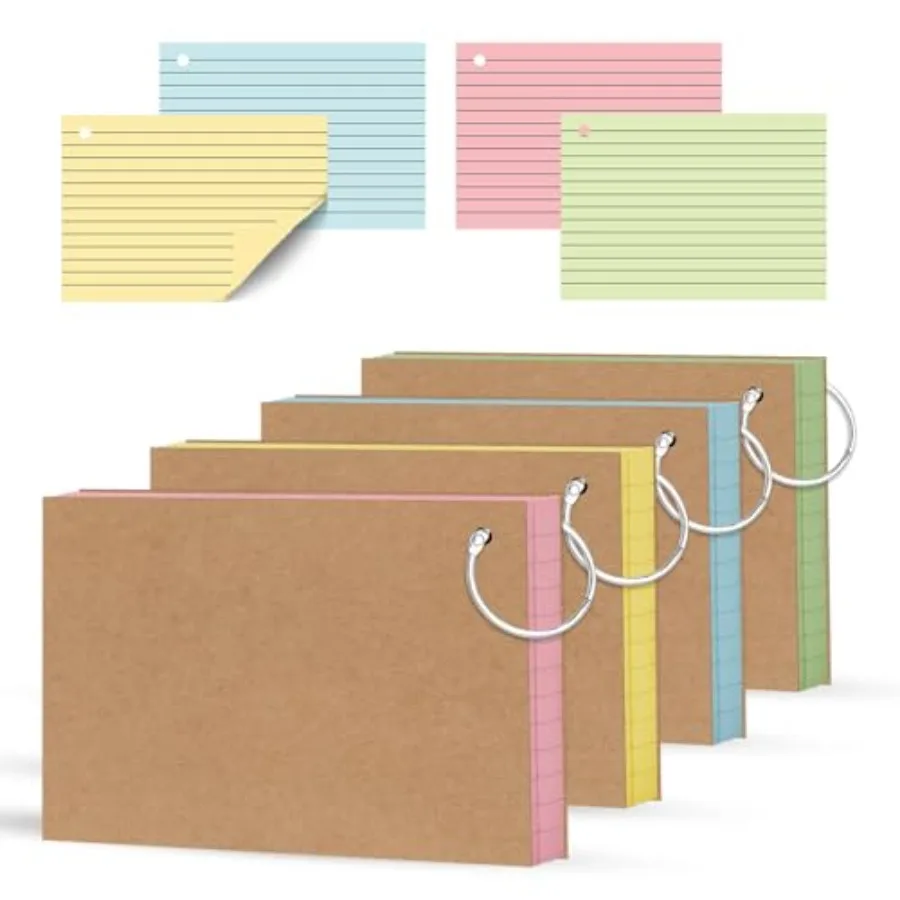 Gekleurde indexkaarten 3x5 inch flashcards met ring 4 kleuren zwaar gewicht gevoerde gelinieerde notitiekaarten voor studeren op kantoor, school en ho