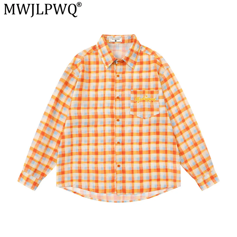 MWJLPWQ Plaid Long-Sleeve Shirt Men Spring Autumn Street Fashion Japanese Style Versatile Letter Embroidery Pockets Tops 20618