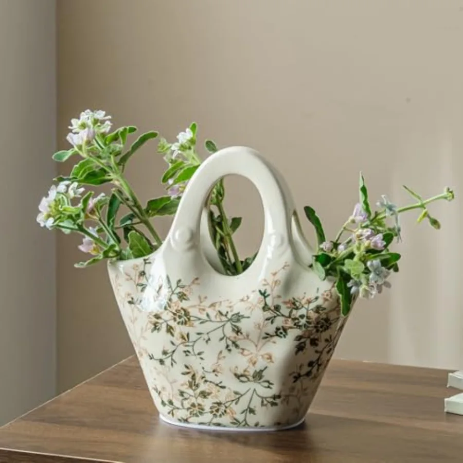 

Ceramic Flower Vase Green Rustic Farmhouse Purse Vase for Home Decor, Vintage Floral Tuscan Decorative Vase for Living Room and