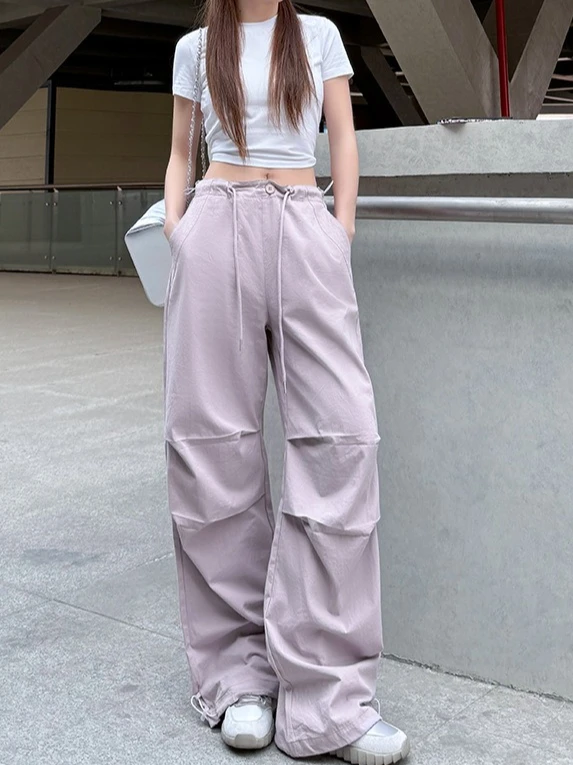 American Women's Wide-leg Pants High-waisted Quick-drying Loose Straight Sweatpants Full Length Casual Ice Silk Trousers Women